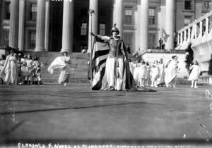 Actress Hedwig Reicher as "Columbia" with other suffrage pageant participants, 1913. Library of Congress.